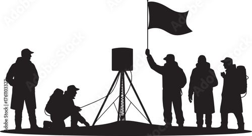 Moon Exploration Team Silhouette Flag Planting Space Colonization Lunar Mission Adventure Expedition
