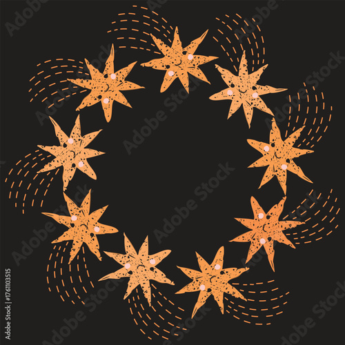 Flying cartoon stars frame design. Round border with hand drawn objects with pencil brush effect. Yellow color on dark gray background. Funny characters composition with copy space. Vector print. 