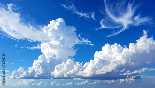 Fototapeta Naklejka Na Ścianę i Meble -  A vibrant blue sky filled with puffy white cumulus clouds