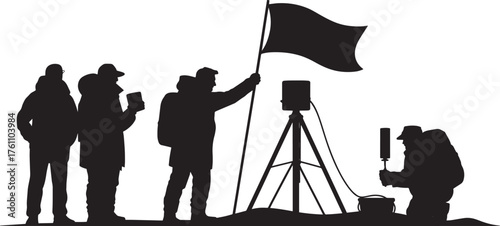 Moon Exploration Team Silhouette Flag Planting Space Colonization Lunar Mission Scientific Adventure