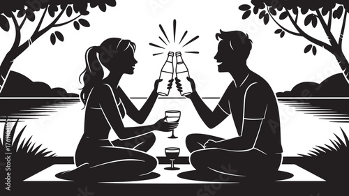 Picnic by the Lakeside Celebrating with Drinks, Shady Tree Silhouette Illustration on Transparent BG