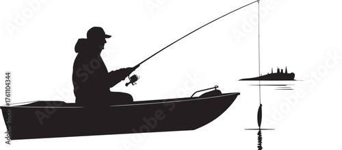 Realistic Silhouette Illustration of Fisherman Fishing on Lake from Small Motor Boat