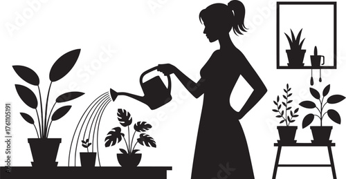 Silhouette Gardener Watering Potted Plants Black and White Vector Illustration on Background