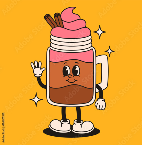 Groovy latte with cinnamon character. Flat vector illustration.