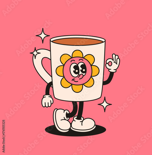 Groovy hot drink character in retro style. Flat vector illustration.