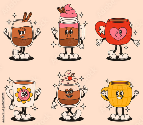 Set of groovy hot drinks characters. Flat vector illustration.