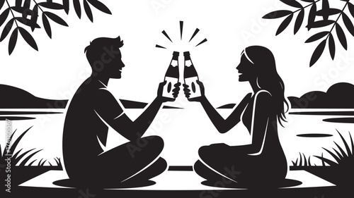 Silhouette Couple Toasting Bottles in Picnic Scene Transparent BG Vector Illustration
