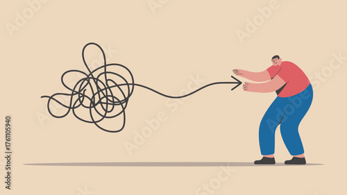 Man untangling a complex messy line into a straight arrow symbolizing problem solving and finding a clear path forward