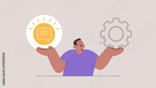 Person holding a glowing lightbulb with a document and a cogwheel representing ideas and problem solving