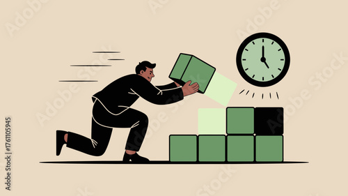 Businessman in a suit rushing to place a green box onto a growing stack of boxes next to a clock indicating urgency