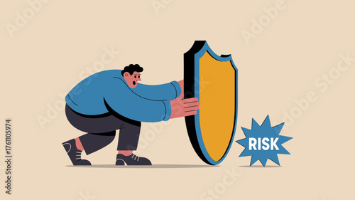 Man holding a large golden shield to protect himself from a starburst with the word risk written on it