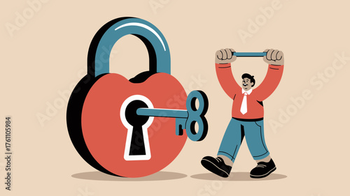 Man holding a key to unlock a large heart shaped padlock symbolizing access to love or security
