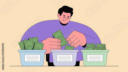 Man carefully organizing and counting stacks of cash money into three labeled containers for financial planning and budgeting