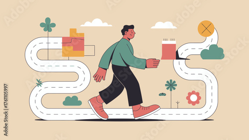 Man walking on a winding path through a stylized urban landscape with abstract buildings and trees symbolizing a journey