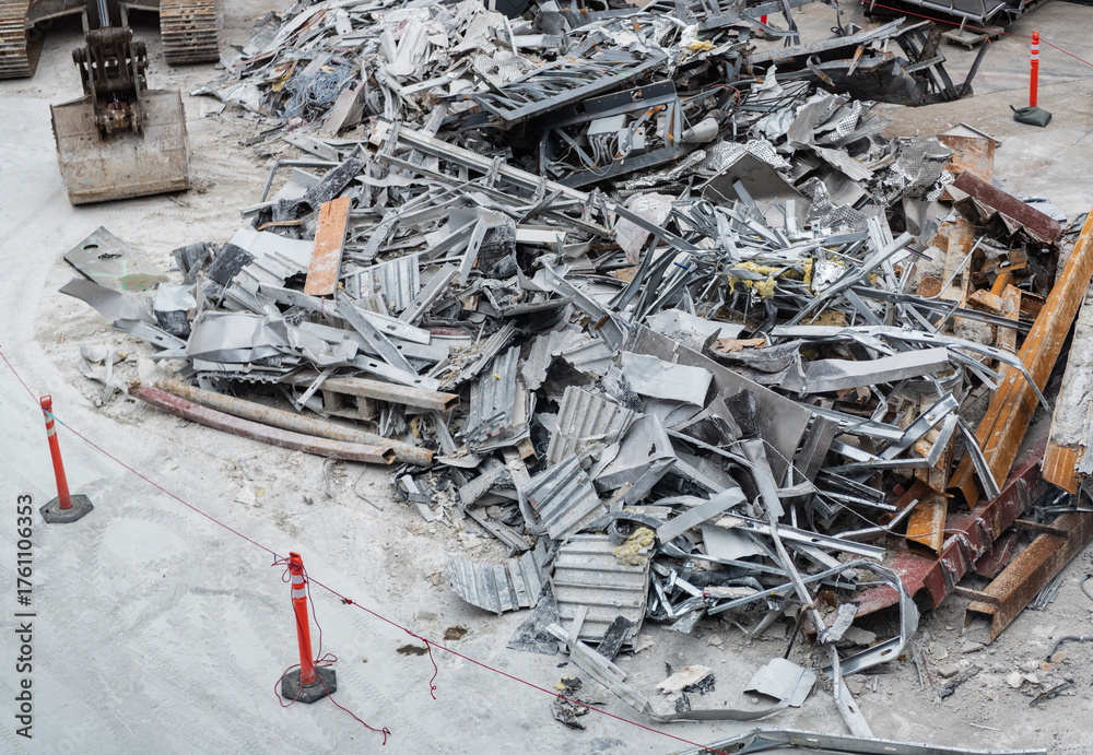 Obraz premium Aluminum industry extrusion at building construction site. Aluminum building system. Aluminum extrusion profile. Construction site storage with aluminum tubes. Steel extrusion. Industry material