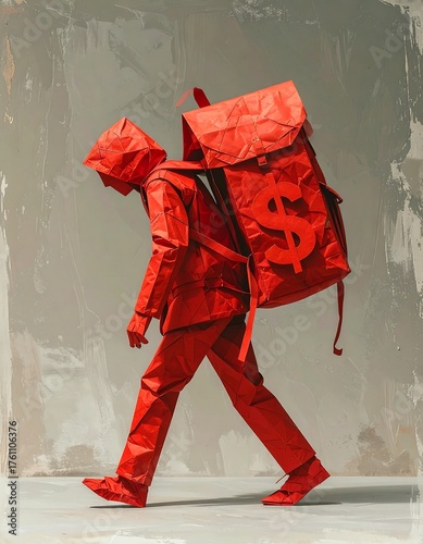 A person, covered in red, is burdened by a dollar sign backpack
