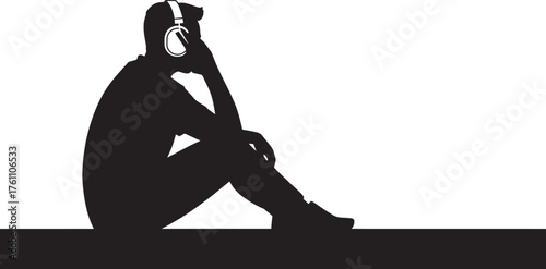 Silhouette Man Wearing Headphones Listening Audio Contemplating Alone