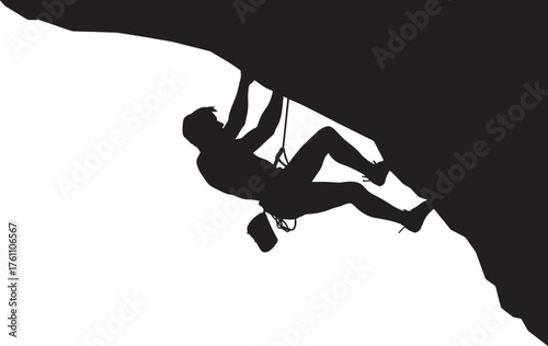 Silhouette of a Rock Climber Scaling Overhanging Cliff With Harnesses And Gear In Vector Format