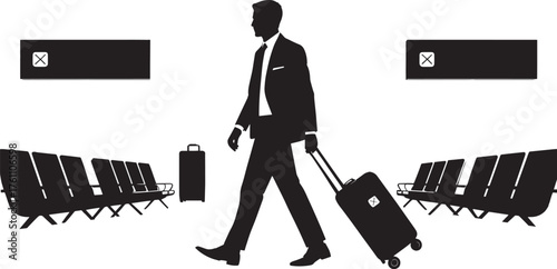Silhouette of Business Traveler with Suitcase at Airport Waiting Lounge with Boarding Signs
