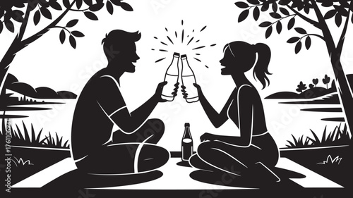Silhouette Picnic with Cheers Under Trees Celebrating with Beverages on Transparent BG Illustration