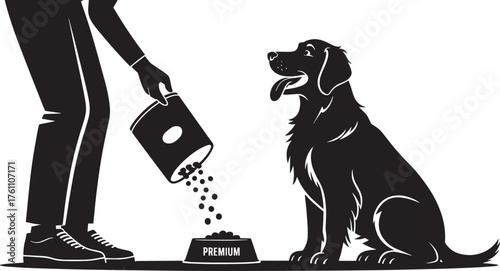 Silhouette Vector of Dog Being Fed Premium Kibble From Bucket