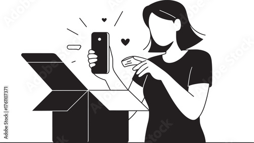 Unboxing Delight Woman Captures Joyful Delivery Moment with Smartphone Device Unboxing