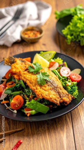 A plate of fried fish with vegetables and herbs, close-up shot