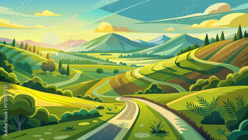 Very beautiful serene winding road through lush green hills, surrounded by fields and sunlight, symbolizing peace, hope, and endless exploration in the heart of pristine countryside landscapes.