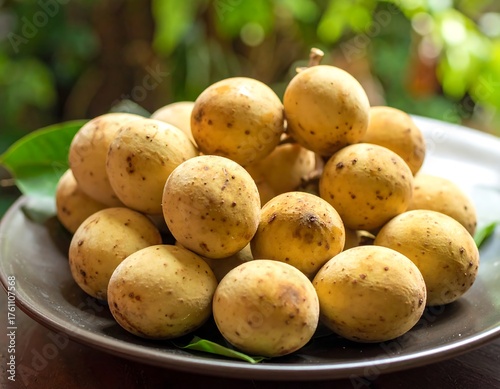 A pile of clustered spherical tropical fruits on a brown plate