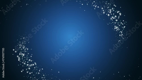 On a blue background, a whirlwind of snowflakes appears and disappears, a free space in the center. Holiday background animation for Christmas and New Year.