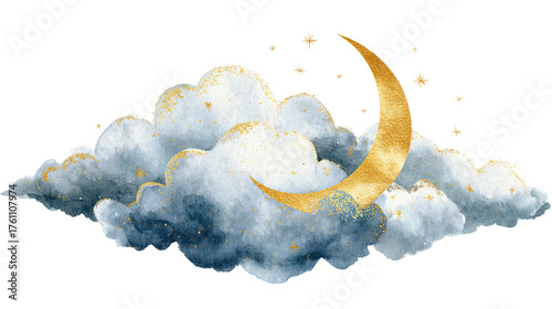 Watercolor golden crescent moon above dreamy clouds with stars, celestial night sky illustration isolated on transparent background