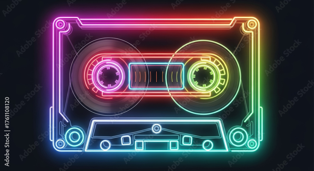 Fototapeta premium A vibrant neon cassette tape outline against a dark background with rainbow color gradient effect