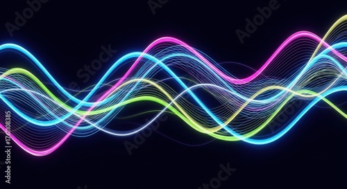 Abstract neon light waves with glowing particles on a dark background, creating a dynamic and futuristic visual effect, perfect for technology or sciencerelated projects