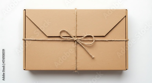 Brown cardboard box tied with twine isolated on cream beige background