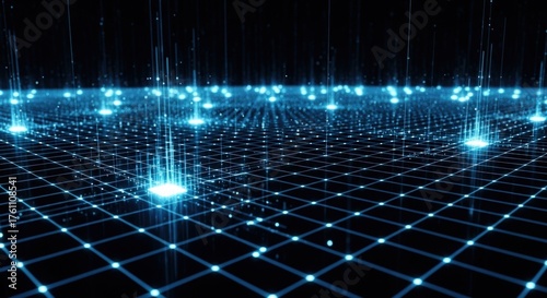 Abstract digital grid with glowing nodes and lines, representing interconnectedness, data flow, and futuristic technology, creating a visually stunning and dynamic background
