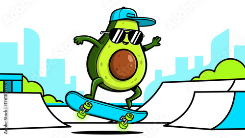 Cool Avocado Cartoon Mascot Riding Skateboard with Sunglasses and Cap Vector Illustration