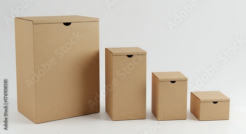 Four cardboard boxes of varying sizes isolated on light gray  background