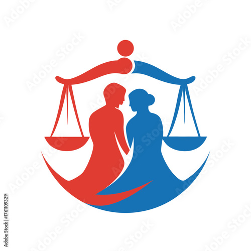 Abstract graphic symbolizing justice, human rights, gender equality, and legal protection with a balance scale design.