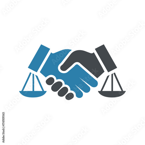 Business handshake and balance scales icon representing legal agreement, partnership, fairness, and justice.