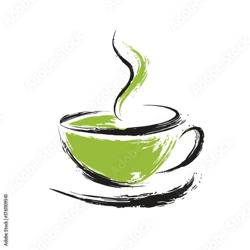 Abstract brush stroke green tea cup illustration with steam. Calligraphic style hot beverage concept for health, wellness, and relaxation.