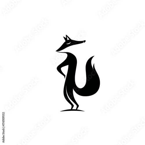 Modern minimalist black fox silhouette logo. Stylized standing animal icon with a sassy, clever, and confident pose.