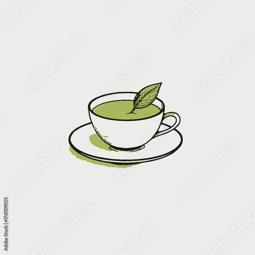 Minimalist hand-drawn green tea illustration in a white teacup with a fresh leaf on a saucer. Healthy beverage vector graphic.