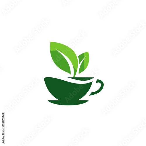 Green tea cup with fresh leaves icon design, representing natural herbal drinks, organic beverages, health, and wellness design element