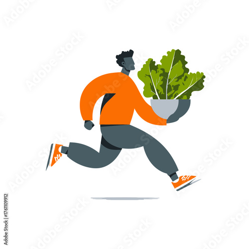 Dynamic illustration of a person rushing with a bowl of fresh organic leafy greens, symbolizing healthy food delivery, veganism, and active lifestyle.