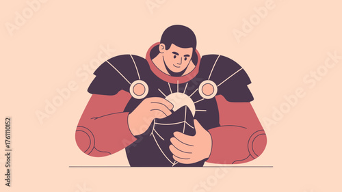A strong warrior wearing ornate armor carefully mends a small white object with his hands