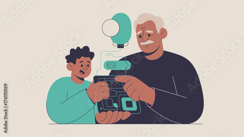 Smiling grandfather and grandson enthusiastically exploring a digital tablet together with a lightbulb symbolizing ideas and learning