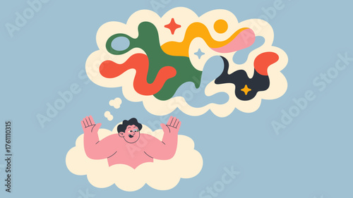 Abstract colorful shapes floating in a thought bubble above a person contemplating creative ideas and inspiration