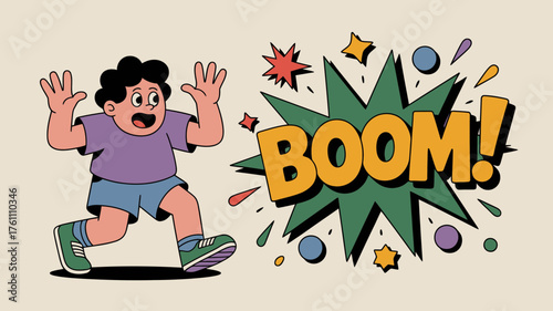 Retro cartoon character with wide eyes and raised hands running away from a large green boom speech bubble explosion
