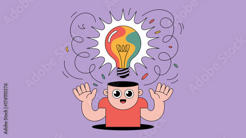 Surprised cartoon person with arms raised in wonder as a colorful light bulb idea illuminates their brain with swirling thoughts
