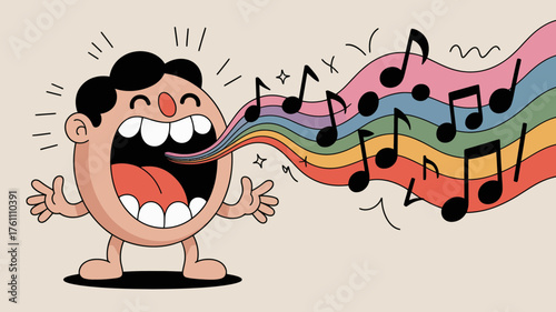 Joyful cartoon character with mouth wide open singing a colorful rainbow wave of musical notes with enthusiasm and energy